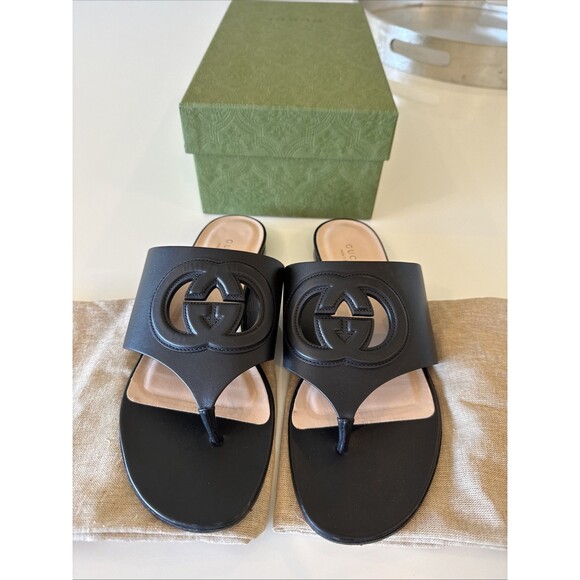 Gucci Black Leather GG Interlocking Cut Out Thong Sandals EU 38.5 US 8.5 - Picture 1 of 10